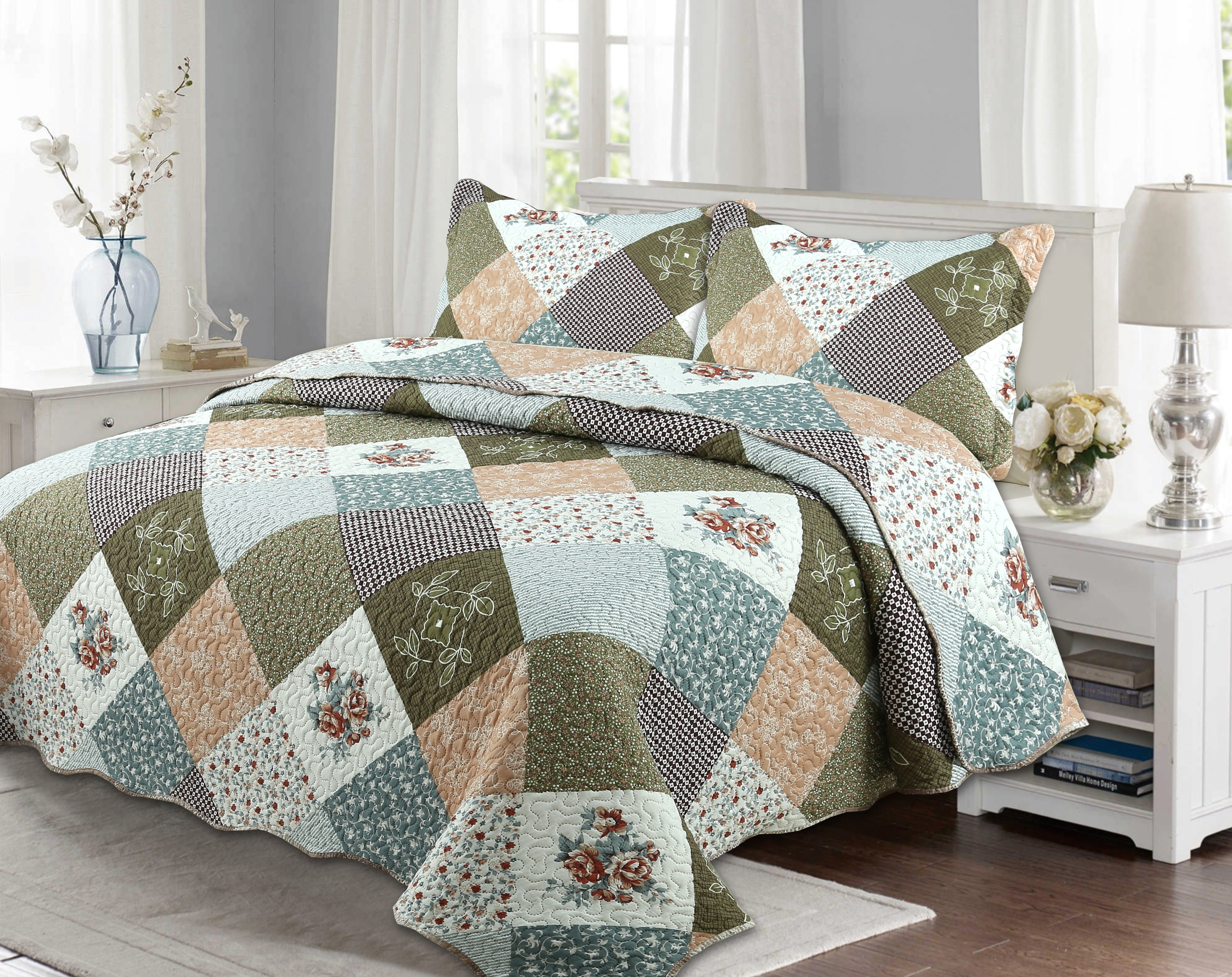 Marina Decoration Couvre-lit Pinsonic imprimé en relief ultra doux avec taies d'oreiller, motif à carreaux floraux en diagonale moderne