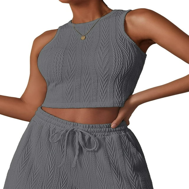 Ladies Shorts Set Sleeveless Crew Neck Top with Matching Solid Shorts