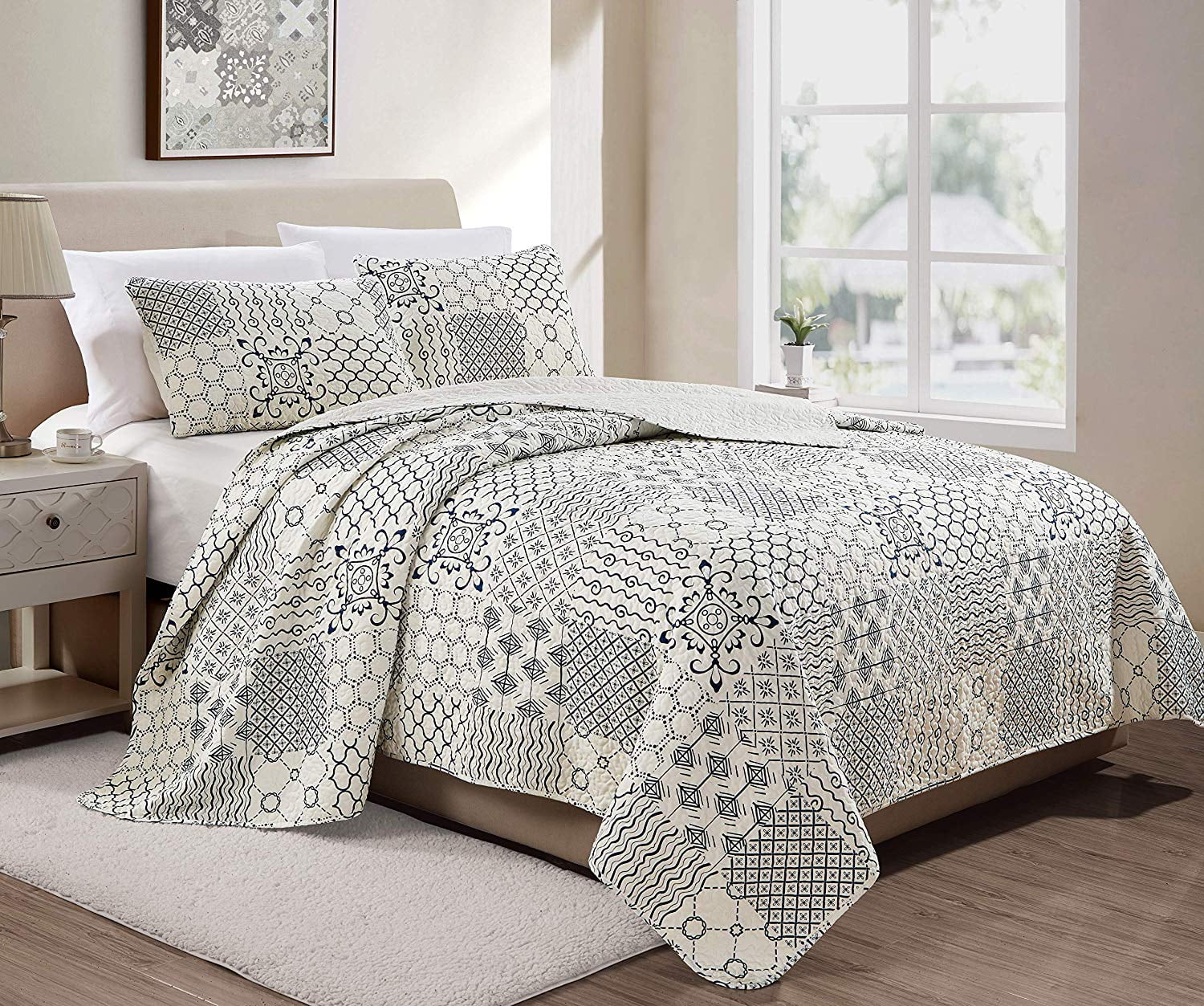 Details about   Chezmoi Collection Gladstone 3-Piece Geometric Ivory Navy Patchwork Printed Pre 