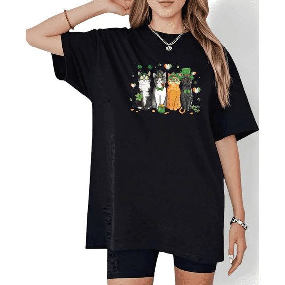 Black Print Tshirt Graphic Tees Shirts St Patrick Day Cat Group Leprechaun Hat Clover Pot Of Gold Pattern Casual Daily Fashion Tops S-5XL