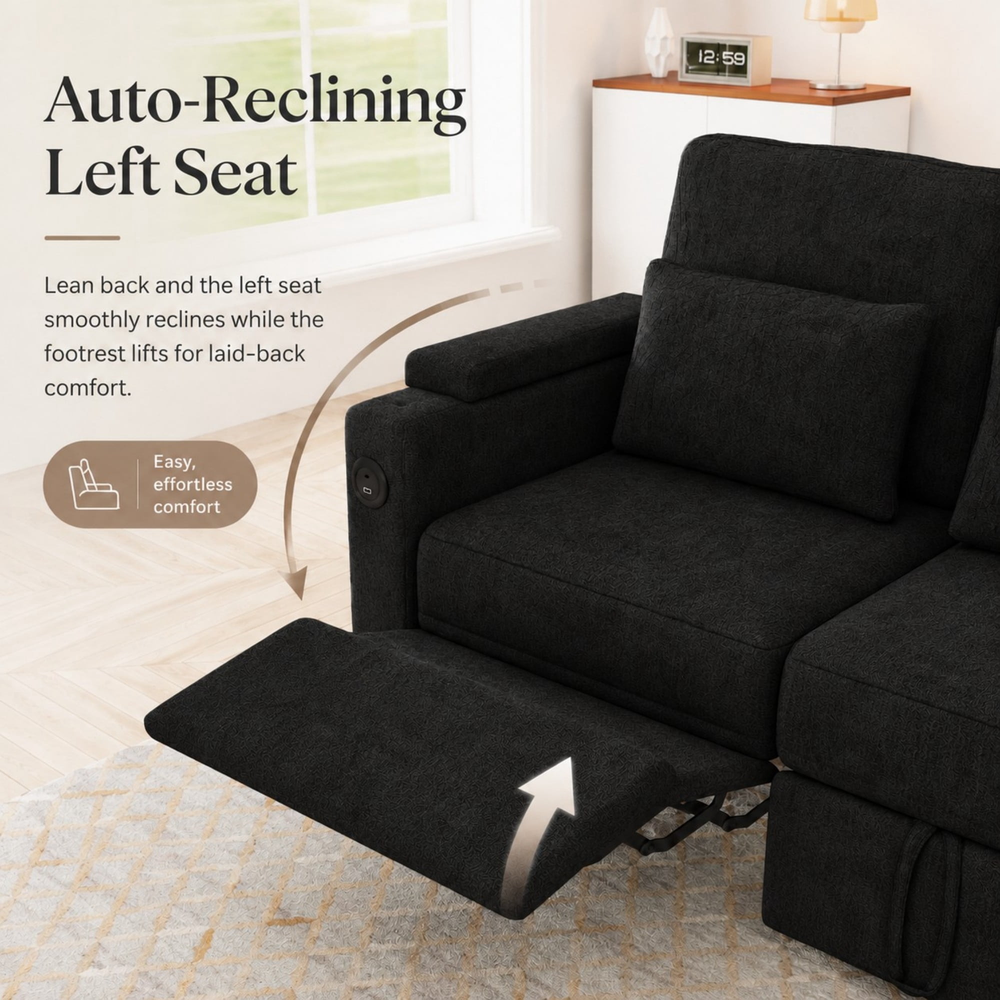 DEALTOPS 81" Chenille Pull-Out Sleeper Sofa Bed with Recliner, Tray Table, USB Ports & Storage, Black