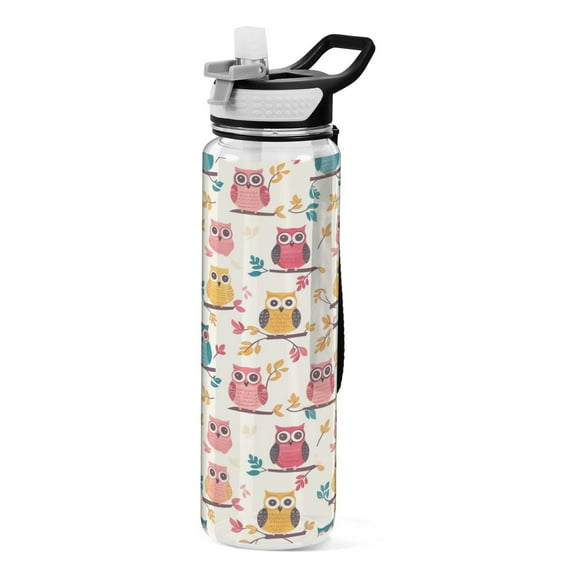 Cute Owls with Leaves 32oz Sports Water Bottles Leakproof Tritan Bottle with Straw BPA Free Clear Bottle for Fitness Gym Outdoor Cycling