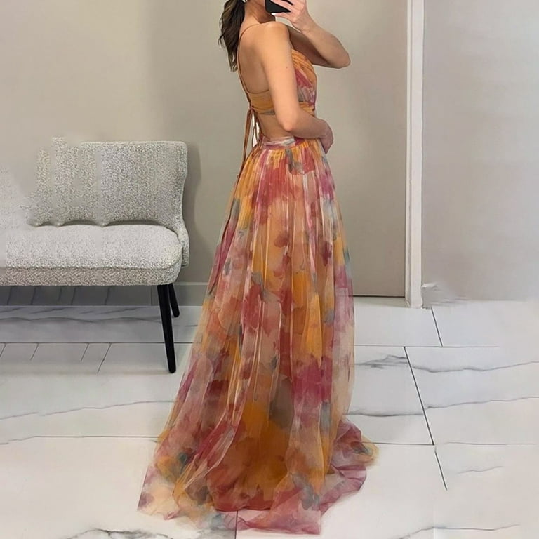 Prdecexlu Women's Floral Tulle Wedding Guest Dress Spaghetti Straps V Neck A Line Formal Colorful Cocktail Maxi Dresses Saffron L - Walmart.com Prdecexlu Women's Floral Tulle Wedding Guest Dress Spaghetti Straps V Neck A Line Formal Colorful Cocktail Maxi Dresses Saffron L - Walmart.com