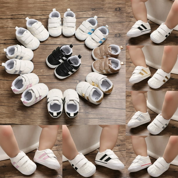 Wangsaura Newborn Soft Sole Sneakers White Pram Shoes Stripe Prewalker Trainers