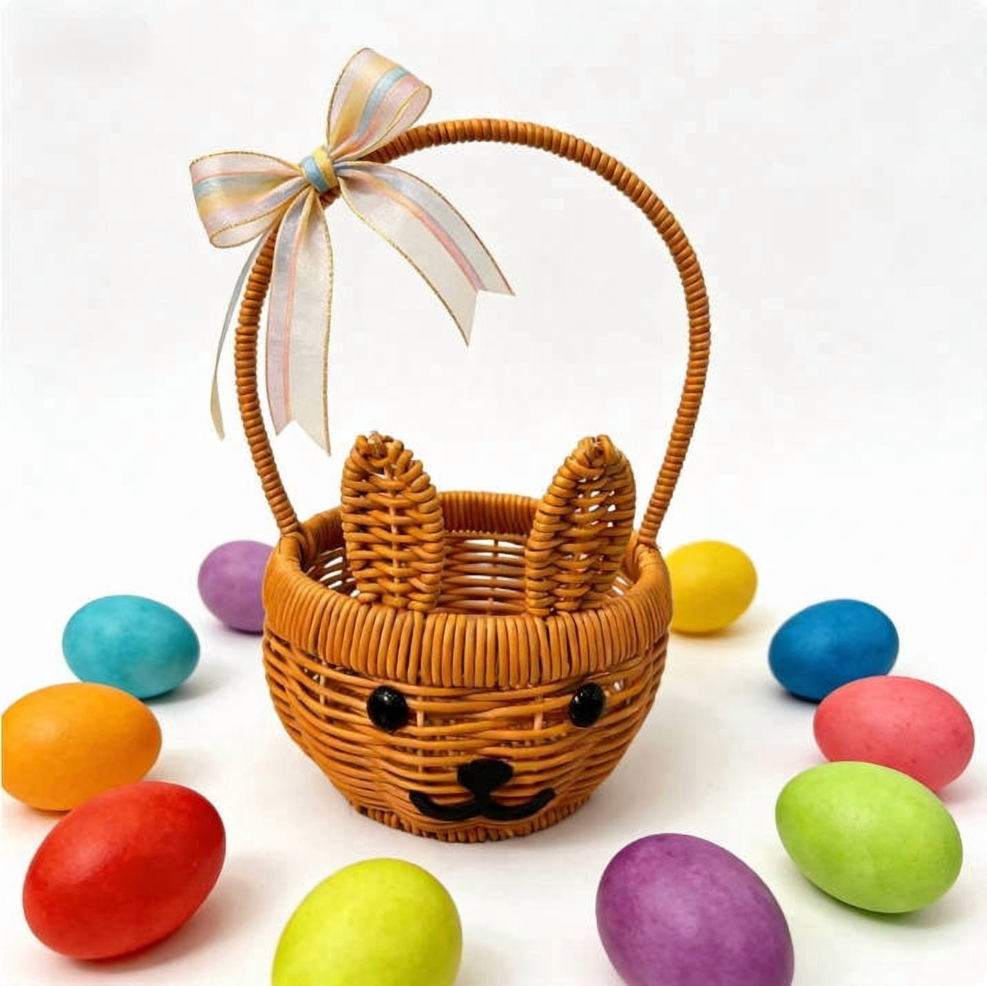 WWG Easter Handmade Woven Rabbit Basket, Natural Rattan Shopping and Picnic Basket with Handles for Bath Toys Outdoor Gatherings