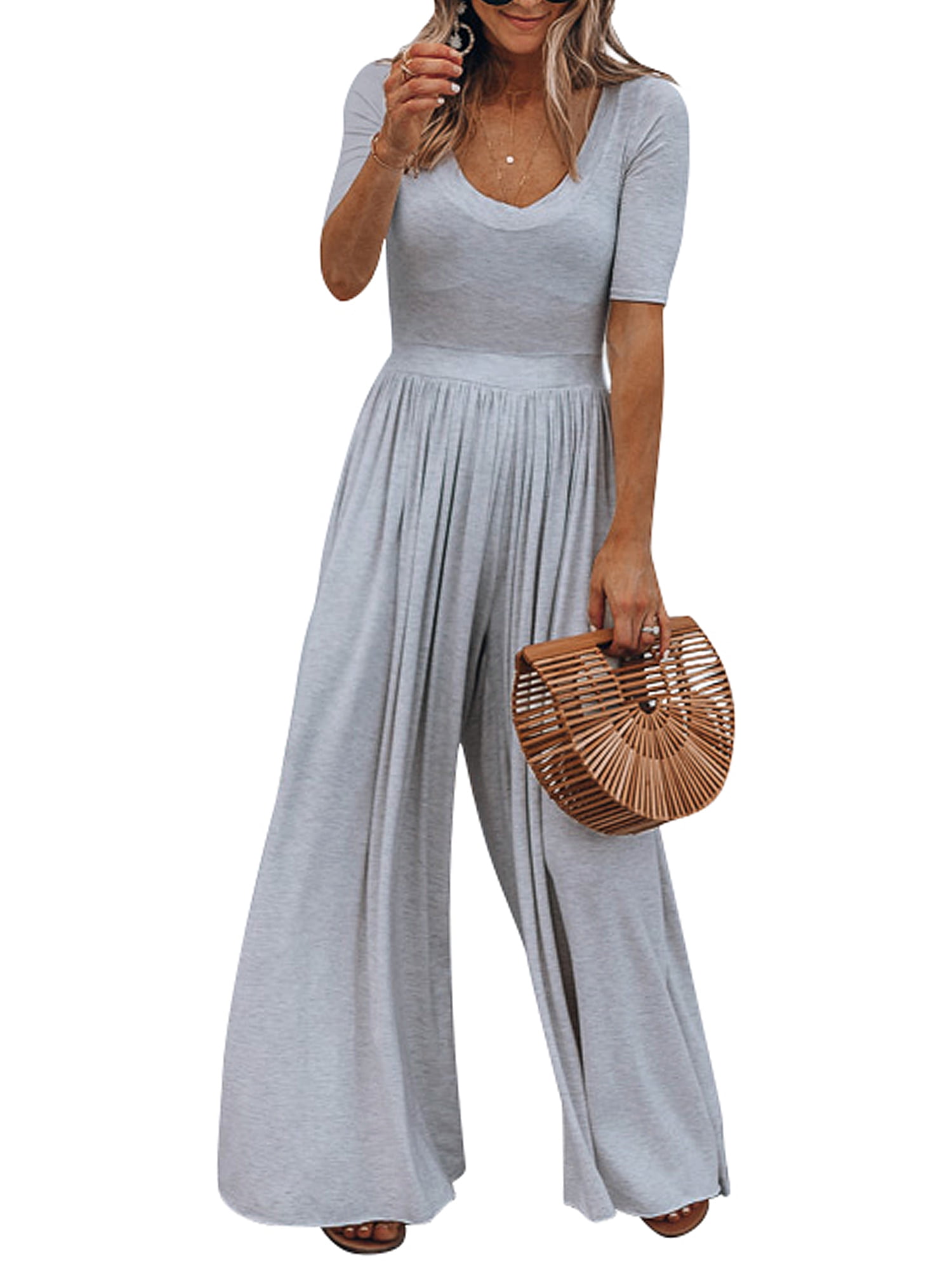 HiMONE - Womens V Neck Wide Leg Jumpsuit Ladies Evening Party Playsuit