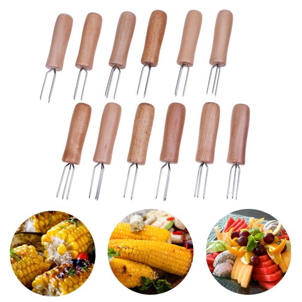 Corn On The Cob Holders Set of 12 Stainless Steel Wood Color Corn Cob Holders Corn Forks for BBQ
