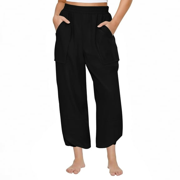 REALiKUN Women Wide Leg High Elastic Waist Loose Flowy Pants Casual Straight Harem Ribbed Beach Pants with Pockets