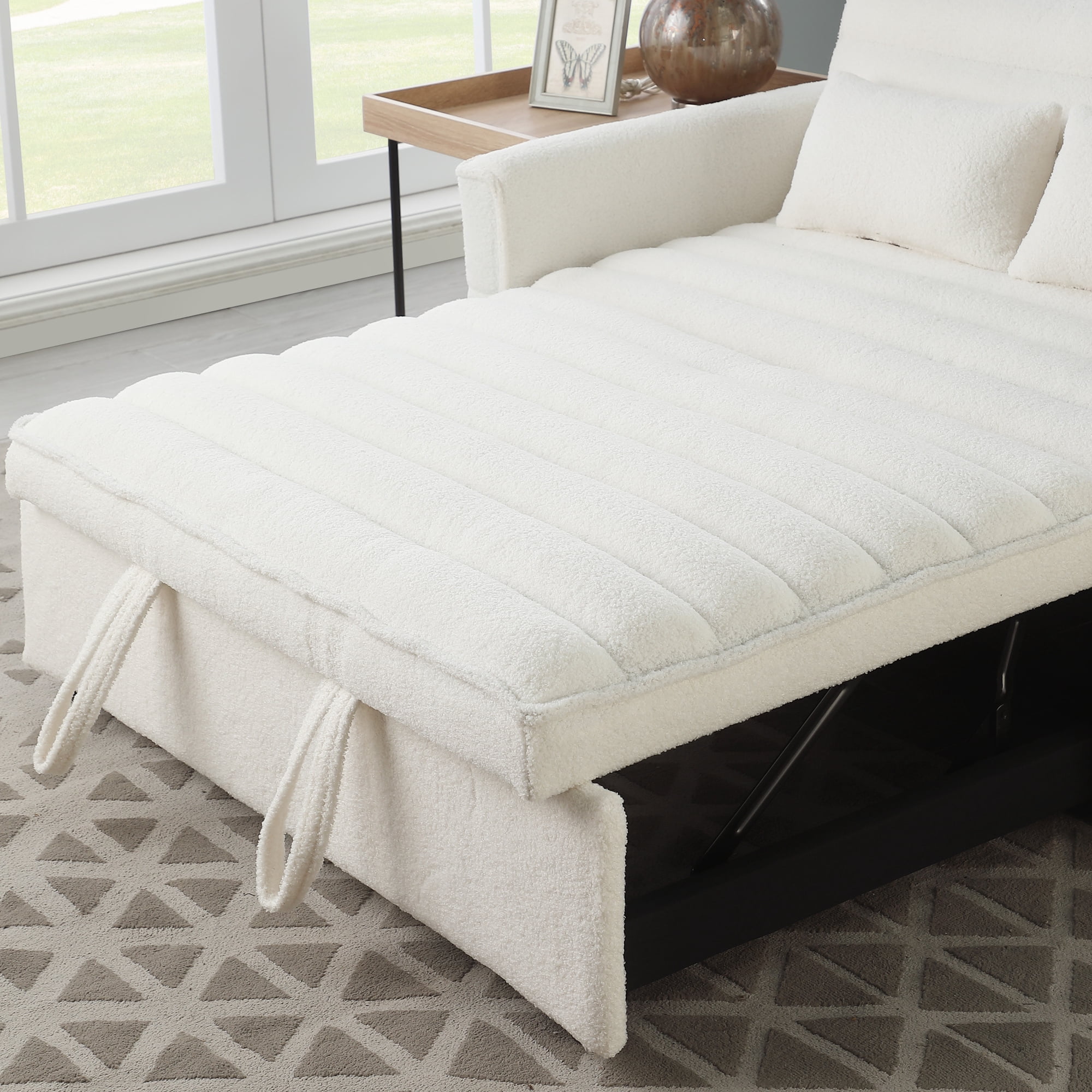 55" Convertible Sleeper Sofa Bed,Modern Boucle 3 in 1 Sleeper Sofa Couch Bed with 2 Pillows and Adjustable Backrest,2-Sater Sofa for Living Room, Bedroom,Beige