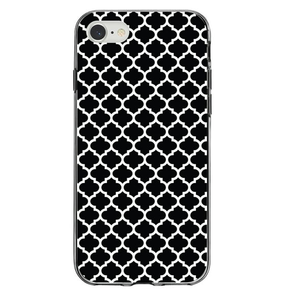 DistinctInk Clear Shockproof Hybrid Case for iPhone 7 8 SE (2020 Model) 4.7" Screen TPU Bumper Acrylic Back Tempered Glass Screen Protector - Black White Moroccan Lattice