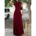 thumbnail image 3 of Burgundy Womens Solid Color Fitted Waist Maxi Dress With Short Sleeves For Casual Summer Wear, 3 of 6