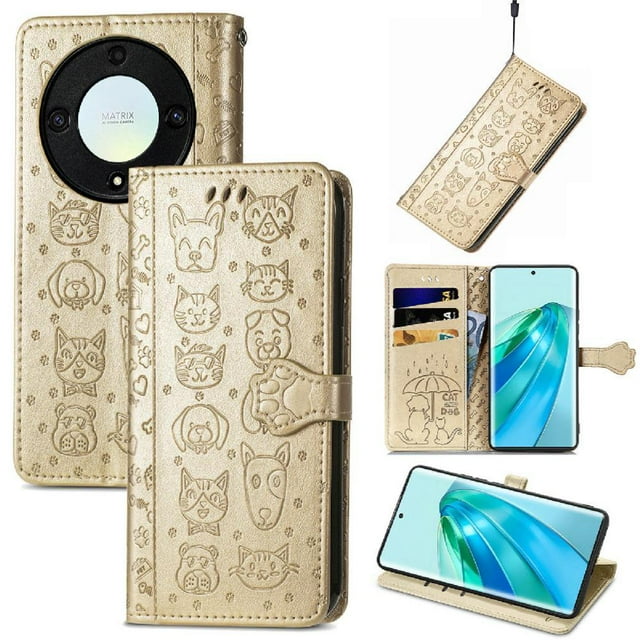 Funda Cartera FOXDOCK para Honor X9A , Flip PU con Relieve de Gatos y Perros, Tarjetero y Soporte