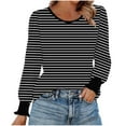 thumbnail image 2 of HOMBOM Womens T-Shirts Crew Neck Striped Puff Sleeve Fall Black Tops Relaxed Fit for Women Long Sleeve, 2 of 6