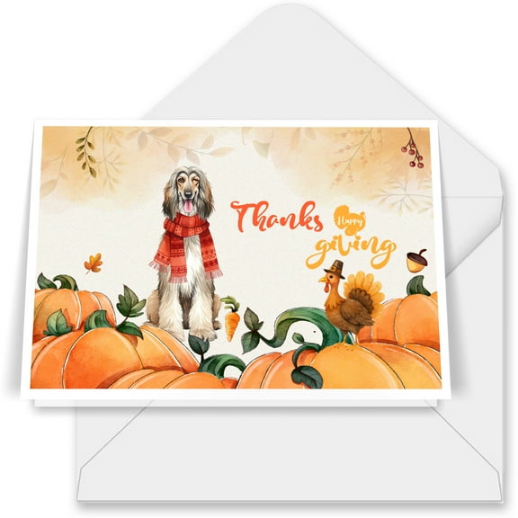Happy Thanksgiving Afghan Hound with Turkey Pumpkins Autumn Vibes 7x5in Folded Greeting Card Dog Lover Single Note Card with Envelope - 12018