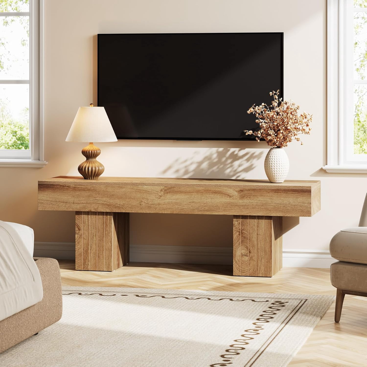 Tribesigns 55" TV Stand, Light Wood Low TV Consoles, Entertainment Center for TVs up to 55 Inch