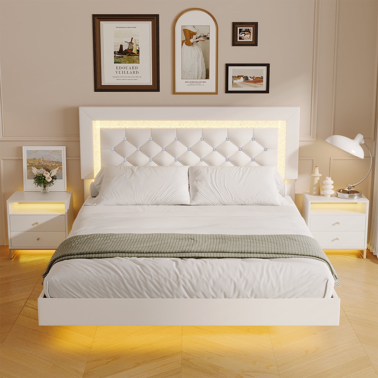 4 EVER WINNER Queen Size Floating Bed Frame with LED Lights, Upholstered Platform Bed Frame with Diamond Tufted Headboard, White Queen Size Bed Frame, White