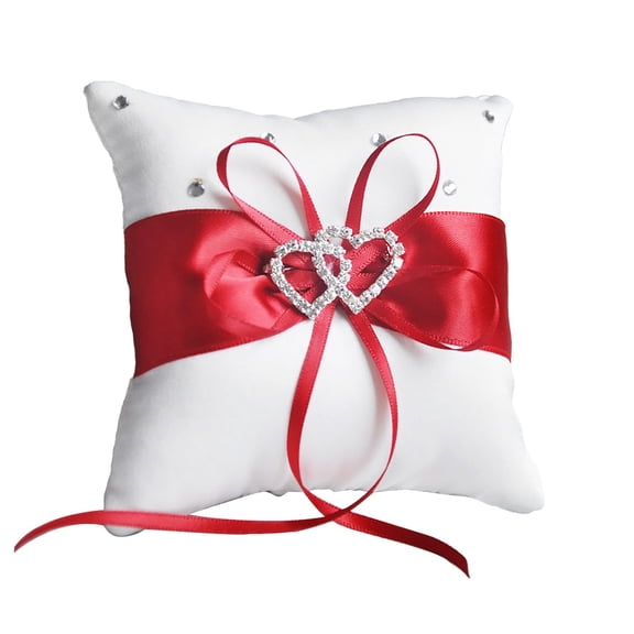 kjfeif Wedding Ring Pillow, 3.9 Inch White Wedding Ring Pillow with Ribbon, Rhinestones Hollow Double Heart Shaped Bridal Ring Pillow Ring Cushion for Wedding Party Decoration Supplies