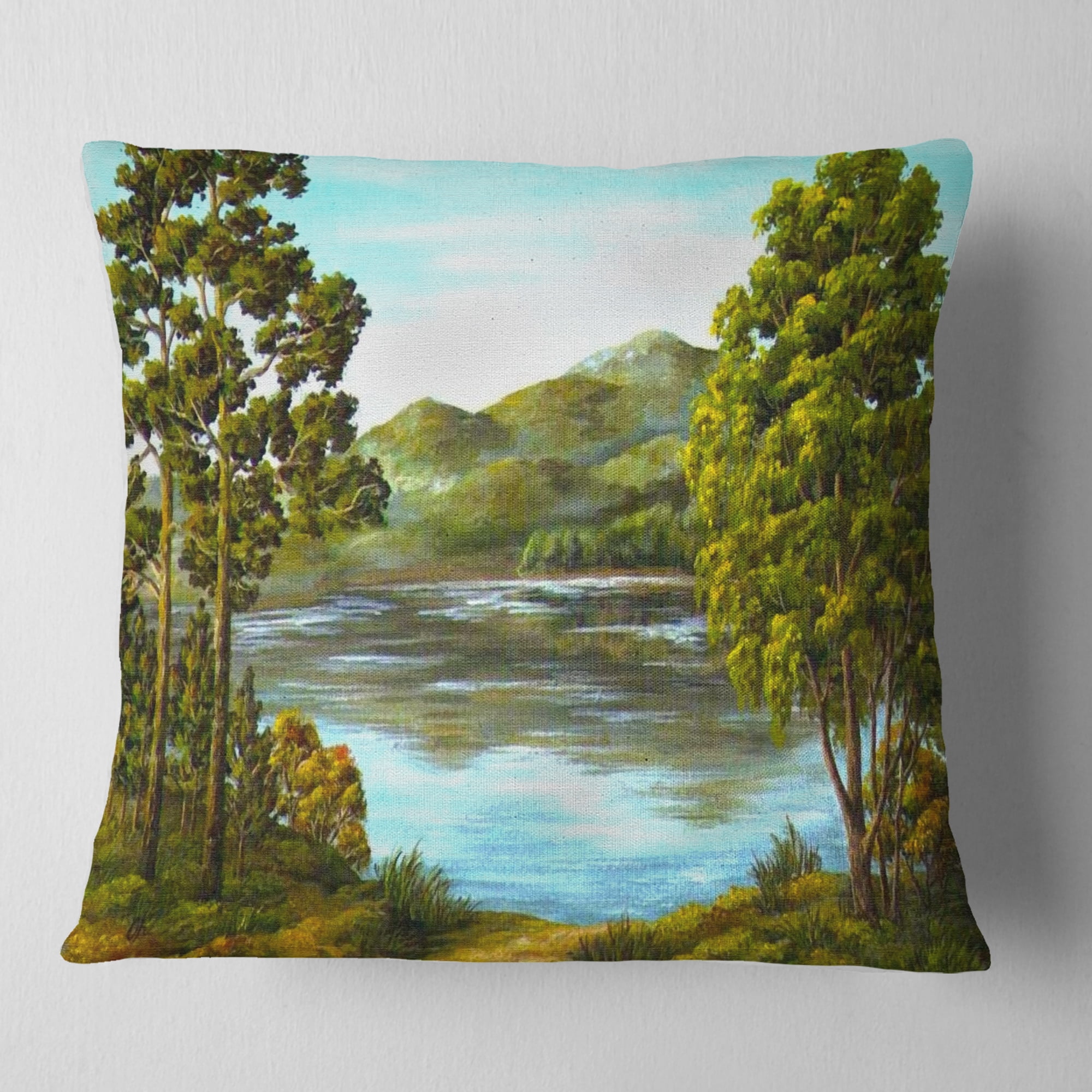 Designart Mountain Lake with Blue Water - Landscape Printed Throw Pillow - 16x16
