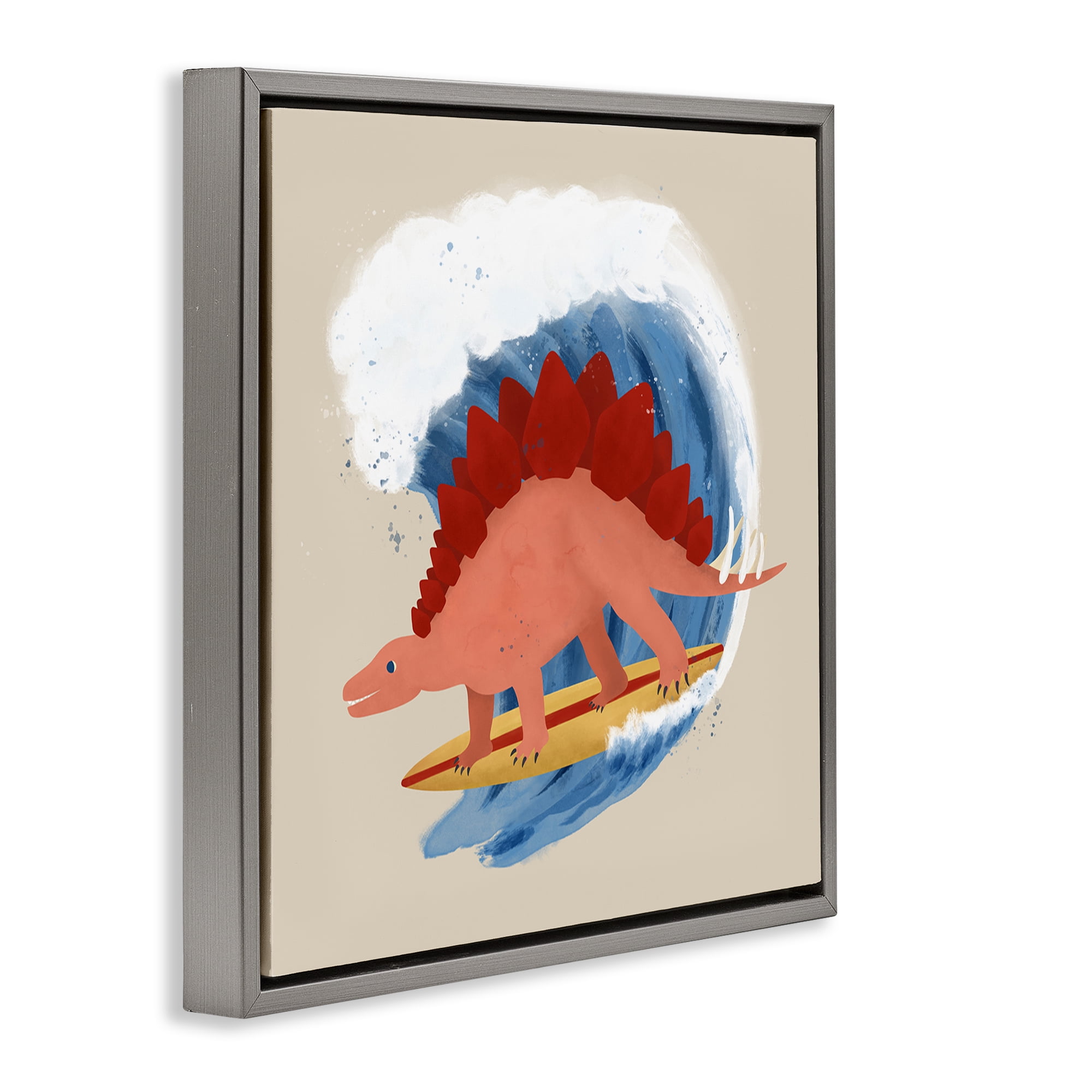 Stupell Industries Surfing Dino Stegosaurus Novelty & Humor Painting Gray Floater Framed Canvas Art Print Wall Art, 18 x 18