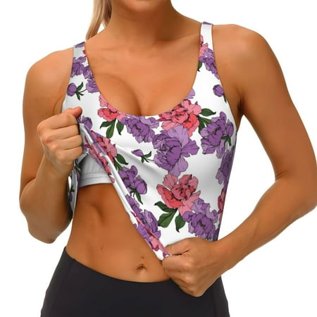 Qokaie Peonies Pattern Womens Scoop Neck Sports Bra Breathable Workout Vest Padded U Back Medium Impact Fitness Gym Yoga Bra Workout Crop Top