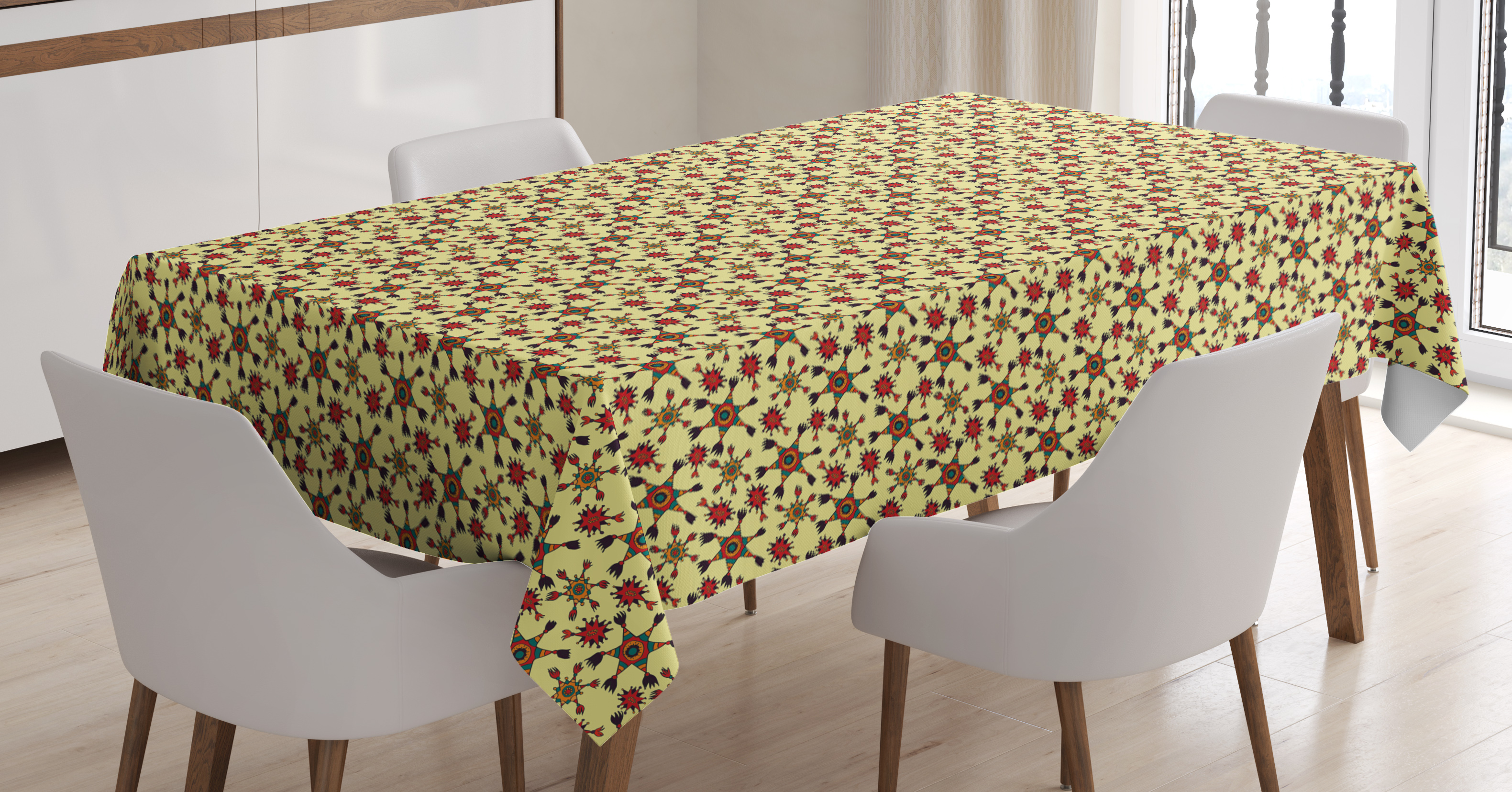 Ethnic Tablecloth, Doodle Style Colorful Mexican Star Motifs Ornamental
