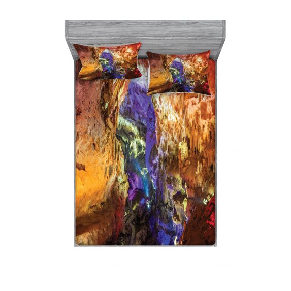 Natural Cave Bedding Set with Sheet & Covers, Inside View of Prometheus Cave in States Dark Karst Underground Myst Nature, Printed Bedroom Decor 2 Shams, 4 Sizes, Multicolor, by Ambesonne