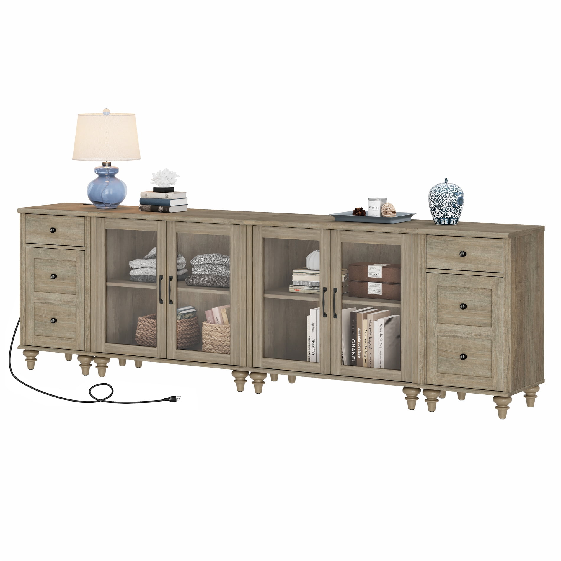 WAMPAT TV Stand for 100 Inch TV, TV Console Table for 85 90 95 Inch TV, Farmhouse Entertainment Center with Charging Station & Glass Door, Kitchen Sideboard Buffet Cabinet for Dining Room, Wash Grey