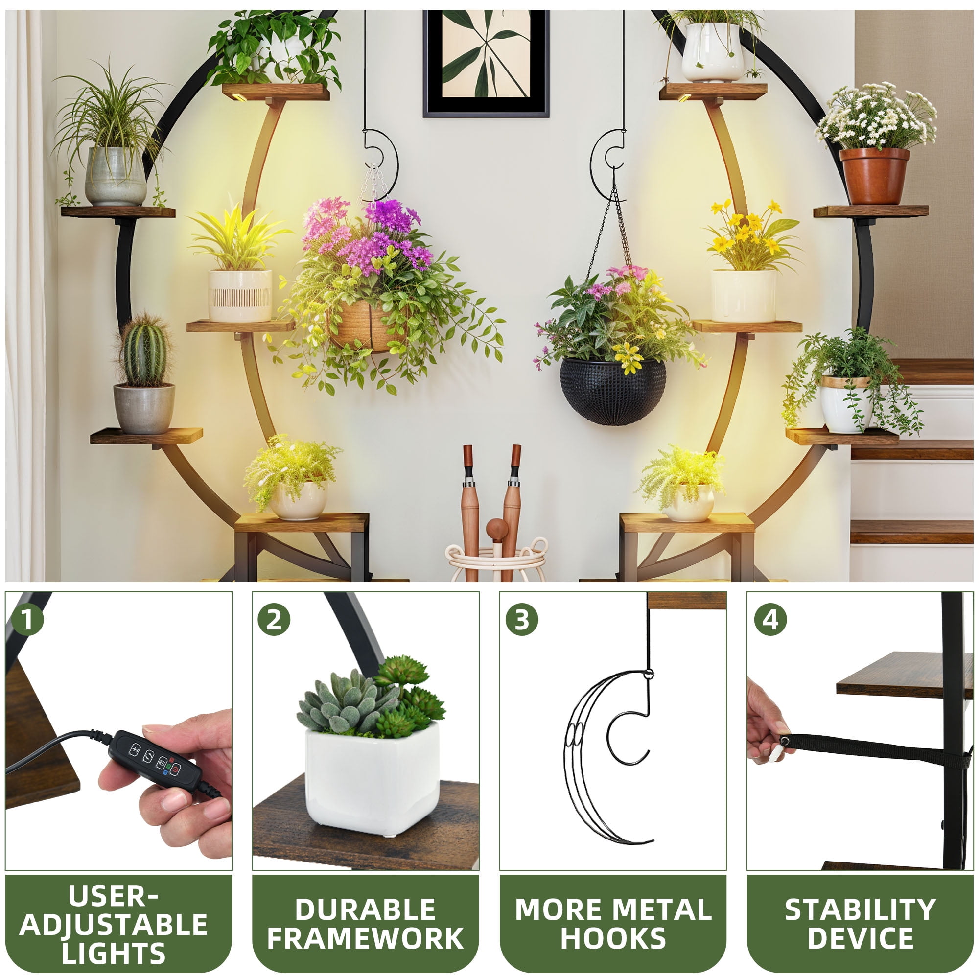 Uforic 65" Plant Stands Indoors with Grow Lights, Half Moon Metal Storge Shelf,Multiple Pots Metal Flower Stands with Cat Litter Box