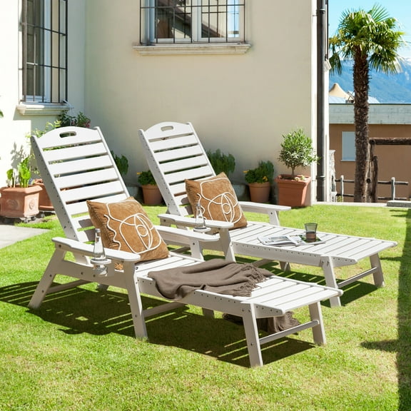 Gymax 2PCS Patio Chaise Lounge HDPE Reclining Chair w/ 5-Position Adjustable Backrest & Cup Holder