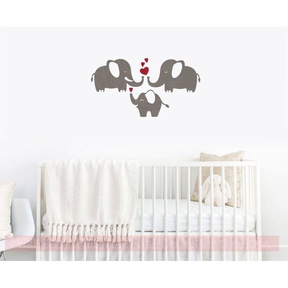 Baby Nursery Wall Decor Sticker Elephant Family Hearts Vinyl Art Decals Castle Gray/Red