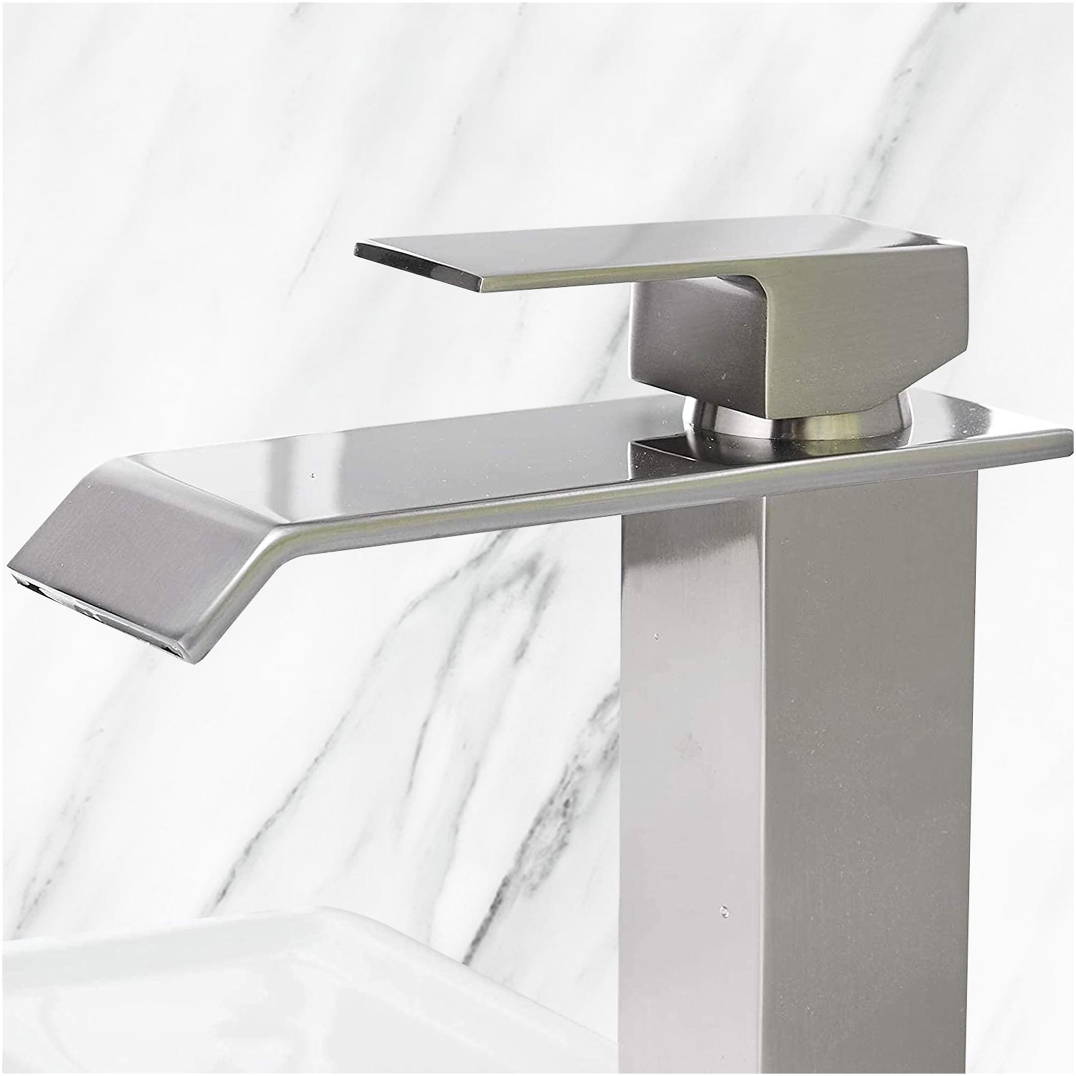 JERFIT Brushed Nickel Single Handle Bathroom Sink Faucet, Waterfall Spout Vanity Faucet with Pop-Up Drain, 1-Hole Mount, CUPC Certified