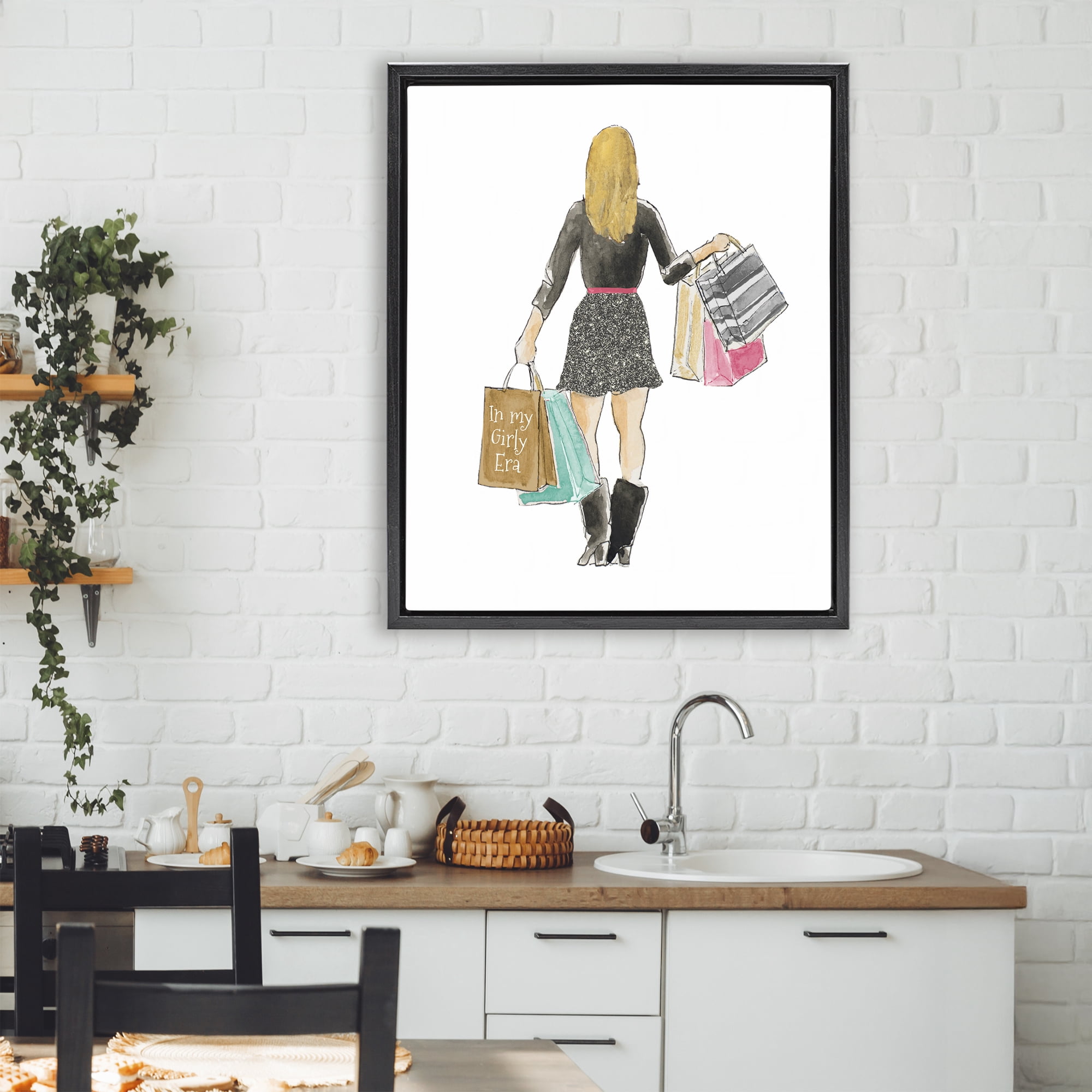 Stupell Industries Girl With Shopping Bags Black Framed Floater Canvas Wall Art, design by Lanie Loreth