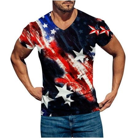 Hot6sl V Neck T Shirts Men, Men Shirts Casual Cotton Classic Fit T-Shirt Short Sleeve Workout Tee Shirts Independence Day Printing Pullover Fitness T Shirt Blouse Black M Lightning Deals of Today