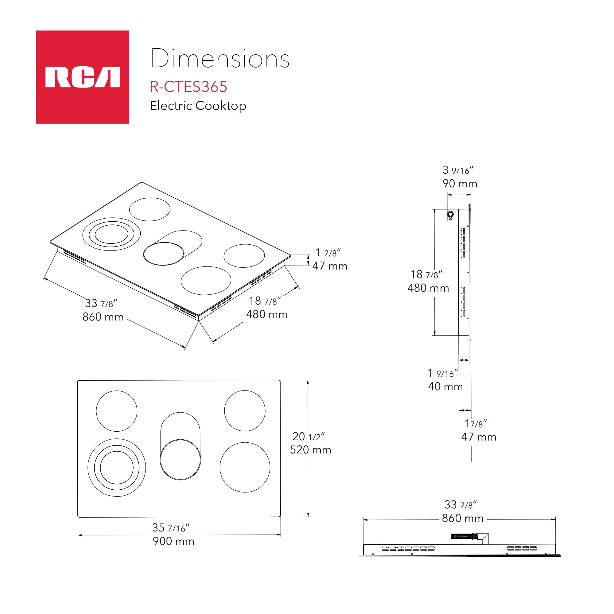 RCA 36 in. Sterling Collection Drop-In Electric Ceramic Glass Cooktop, 5 Burners, Triple Zone Element, Sync Burner, Black
