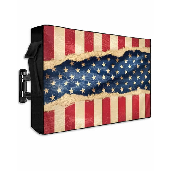 Red Blue American Flag Outdoor TV Cover 70 to 75 Inch Weatherproof, Vintage Stars and Stripes 600D Oxford TV Covers with Waterproof Zipper, Outside Flat TV Screen Protector Size 68"W x 42"H x 4.5"D