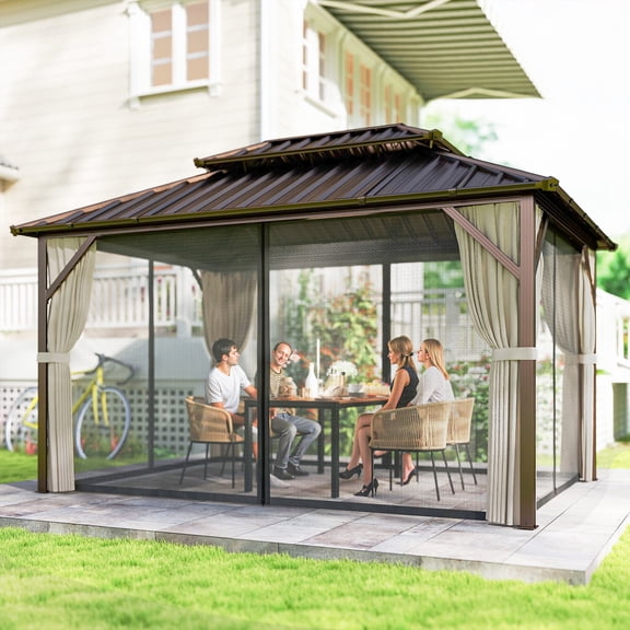 Outsunny 10' x 14' Hardtop Gazebo with UPF50  Double Galvanized Steel Roof Canopy, Aluminum Frame Permanent Gazebo with Curtains, Netting, Brown