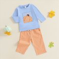 thumbnail image 2 of NOLDARES Toddler Baby Boy Fall Clothes Embroidery Shirt Top Elastic Waist Plaid Pants Set Trendy 2 Piece Outfit(Blue,2-3 Y), 2 of 9