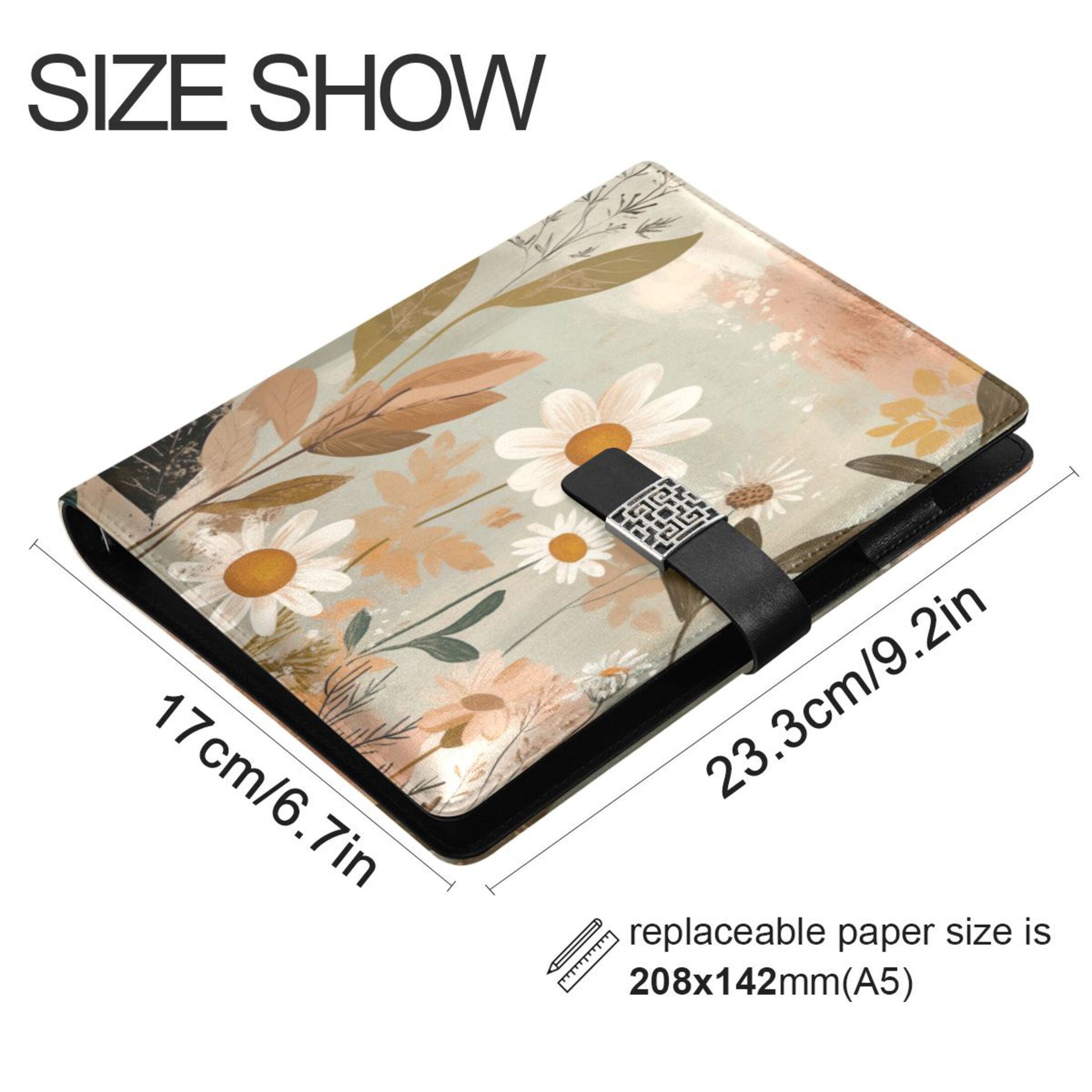 9.2x6.7 inch Leather Notebook 100 Sheets, Multi-Pocket Design & Pen Loop Vintage Flowers Refillable Journal Organizer