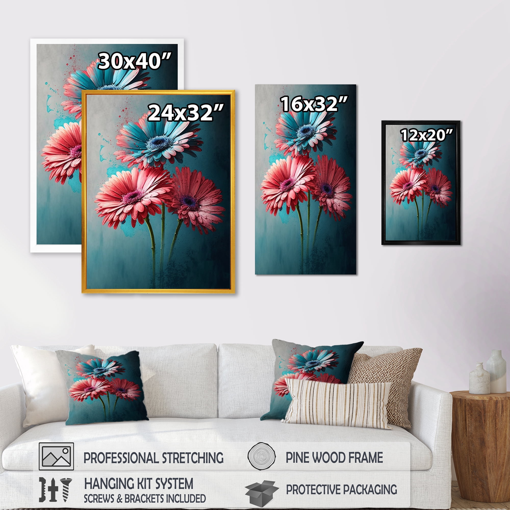Designart Pink And Blue Flower Gerbera I Canvas Wall Art