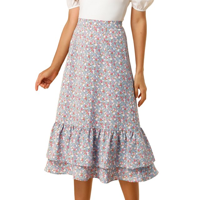 AllegK Falmidi fluicon dobladillo con volantes escalonados y cintuelástiestampapamujer Azul Gris-Floral XS
