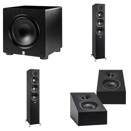Elac DF53-BK - Debut 3.0 5.25" Floor Speaker - Black (Pair), ELAC DA43-BK Debut 3.0 - DA43-BK Atmos / On Wall speaker, and Elac PS250-BK - Varro Premium 10" 250 Watt Powered Subwoofer with Auto-EQ
