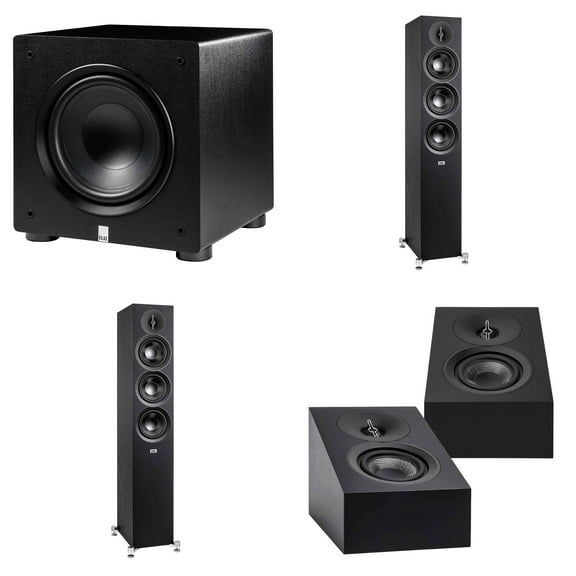 Elac DF53-BK - Debut 3.0 5.25" Floor Speaker - Black (Pair), ELAC DA43-BK Debut 3.0 - DA43-BK Atmos / On Wall speaker, and Elac PS250-BK - Varro Premium 10" 250 Watt Powered Subwoofer with Auto-EQ