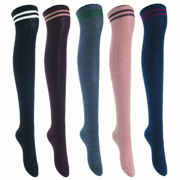 Lian LifeStyle Women's 5 Pairs Adorable Comfortable Soft Thigh High Over Knee High Cotton Socks Size 2.5-7 L1023(Black,Coffee,DG,Khaki,Navy)
