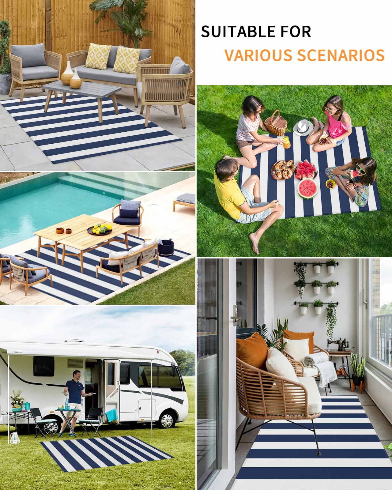 Outdoor Rug 4x6 ft Navy Blue White Geometric Stripes Waterproof Outdoor Patio Rug Mat Non Slip Outside Area Rugs Carpet for RV,Camping,Porch,Deck,Pool,Balconybackyard,Minimalist Modern Art