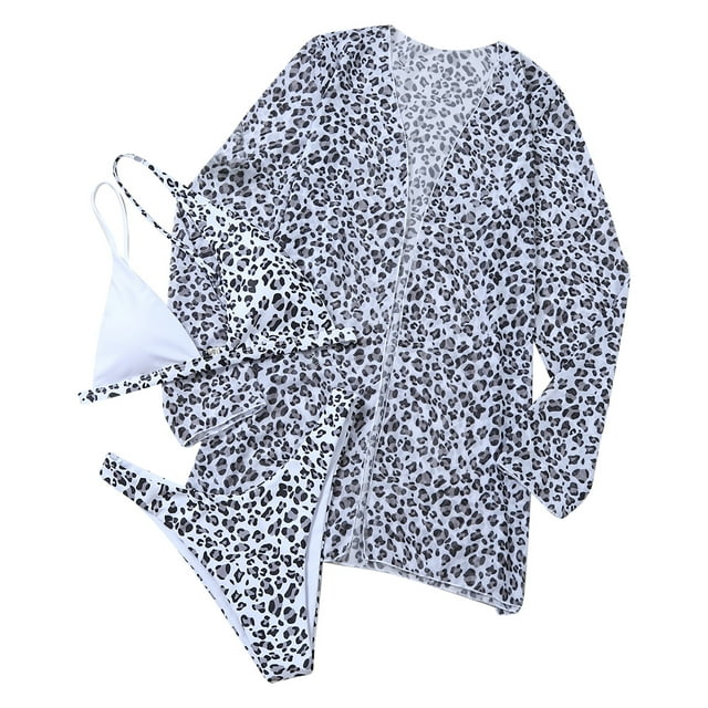 Conjunto de 3 piezas Halter Bikini Pareos Cubrir Traje de baño Playa Traje de baño con estampado de leopardo Fridja nalpqowj19667