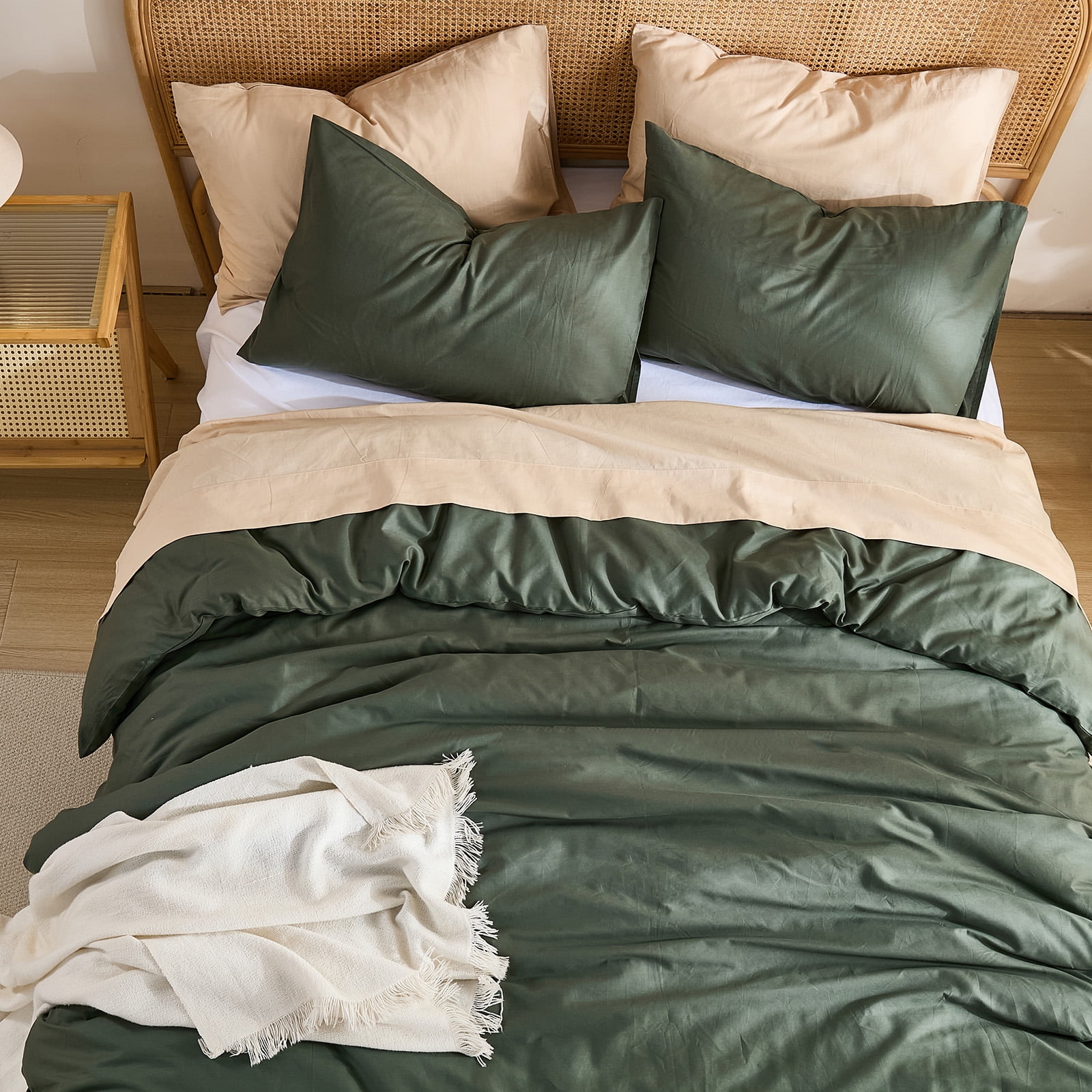 100% Washed Cotton Duvet Cover –Olive Green, Linen-Like Texture, Super Soft & Breathable Bedding Set, 3-Piece Durable Percale Comforter Cover