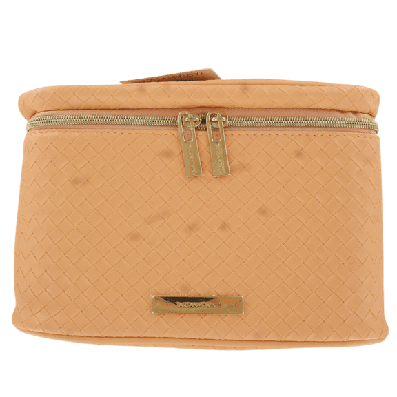 Tartan   Twine Peach Quilted Cosmetic Train Case – Large Zippered Makeup Organizer with Pink Lining & Storage Compartments for Travel, Toiletries & Beauty Essentials
