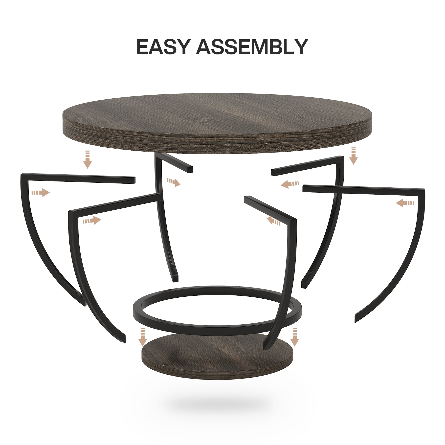 Fnova Coffee Table with 2 - Tier Storage, 32" Round Wood Coffee Table with Metal Legs, Modern Rustic Style Center Table for Living Room, Dark Gray and Black