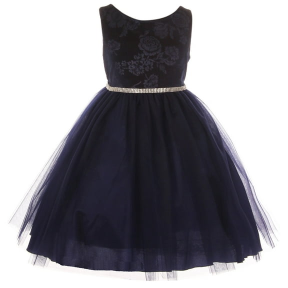 Little Girls Dress Embossed Floral Velvet Rhinestone Holiday Party Flower Girl Dress Navy 2 (K45D4)