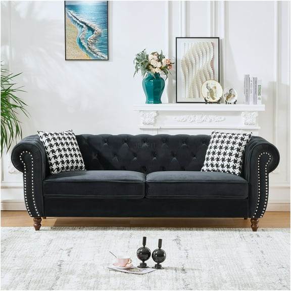 JERFIT Modern Chesterfield Velvet Sofa 3 Seater Couch with Rolled Arms and Nailhead Trim for Living Room, Apartment